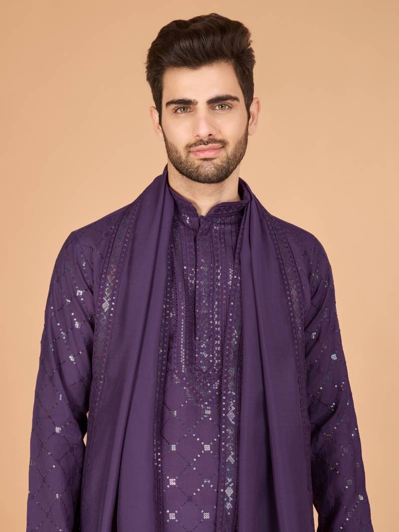 Dusty purple viscose silk thread & sequence embroidered work kurta with dupatta