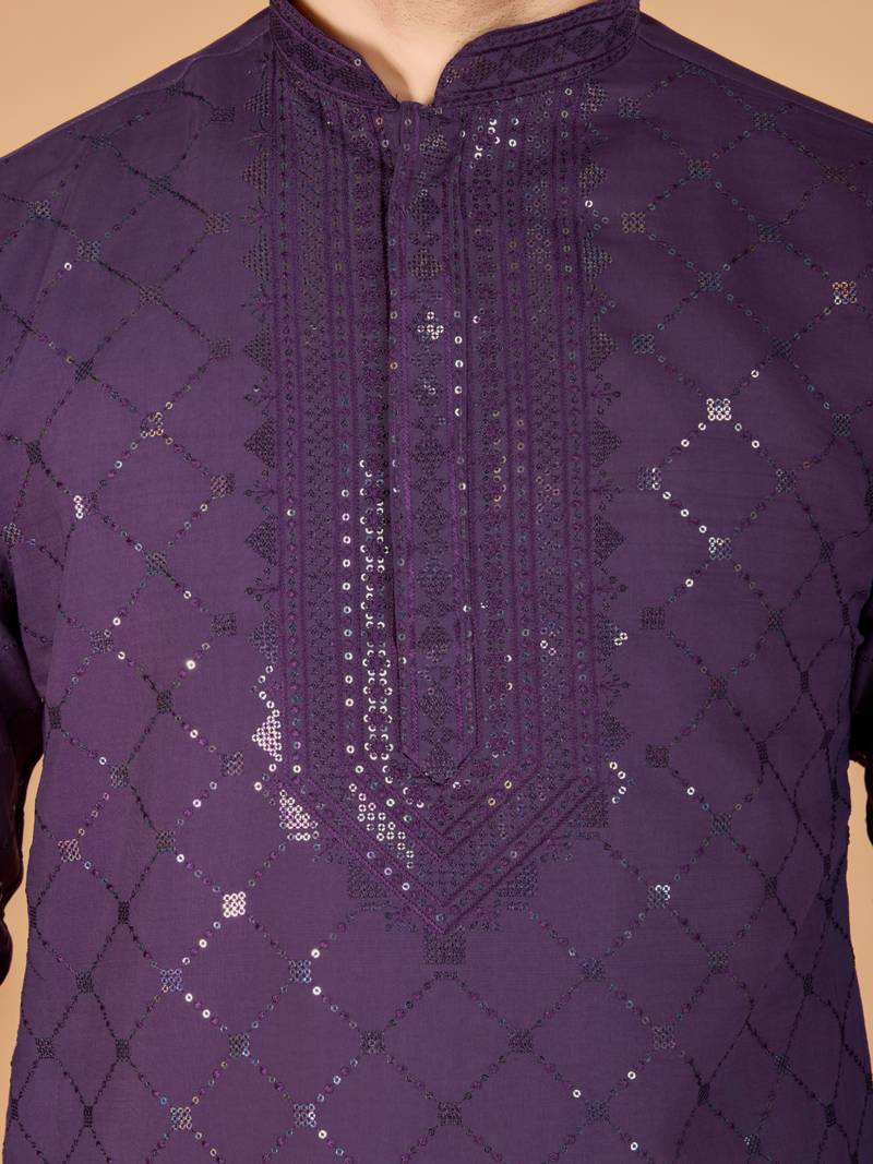 Dusty purple viscose silk thread & sequence embroidered work kurta with dupatta