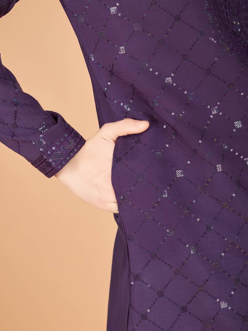 Dusty purple viscose silk thread & sequence embroidered work kurta with dupatta