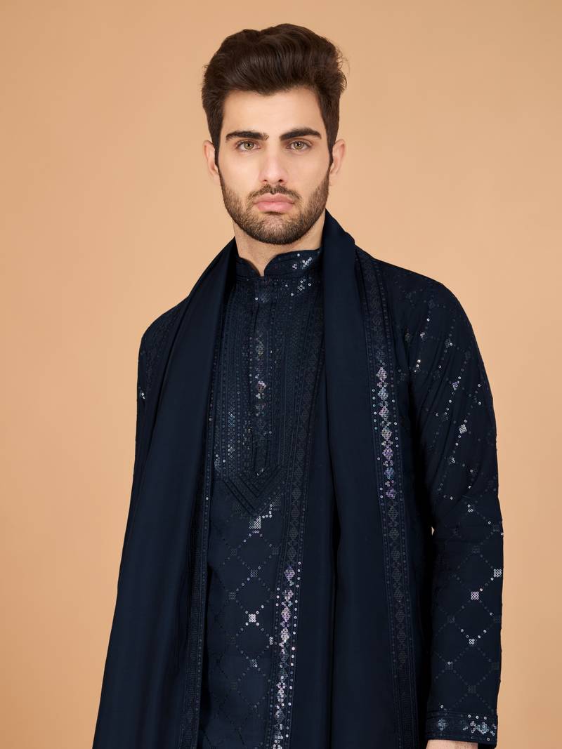 Navy blue viscose silk thread & sequence embroidered work kurta with dupatta