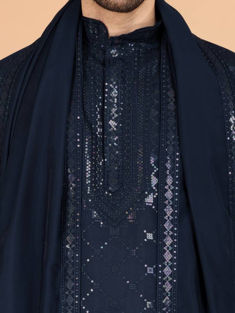 Navy blue viscose silk thread & sequence embroidered work kurta with dupatta