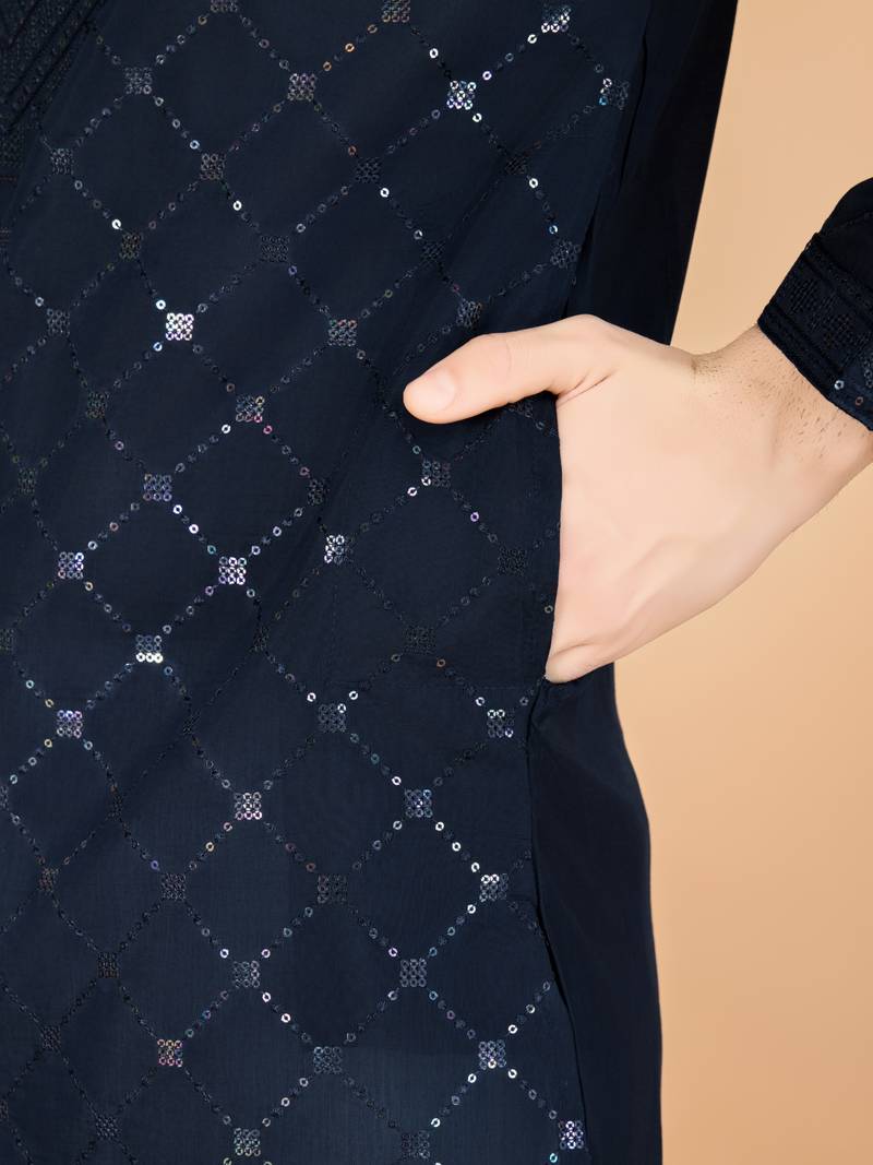 Navy blue viscose silk thread & sequence embroidered work kurta with dupatta