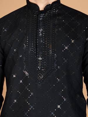 Black viscose silk thread & sequence embroidered work kurta with dupatta 7