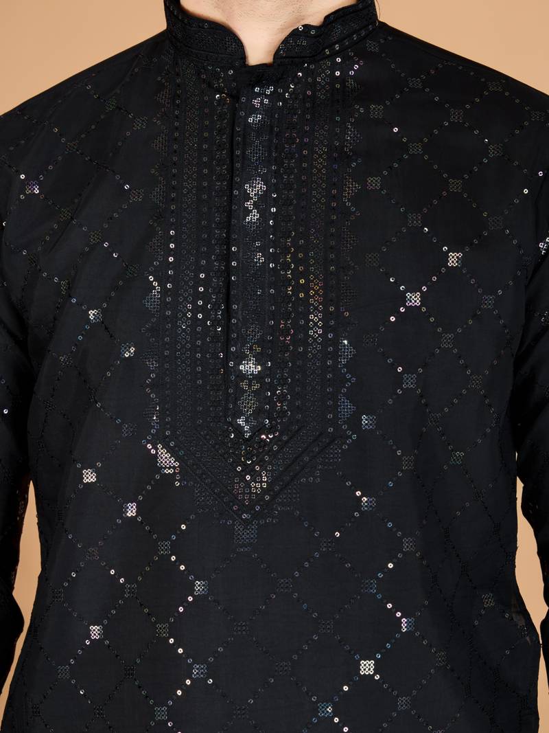 Black viscose silk thread & sequence embroidered work kurta with dupatta