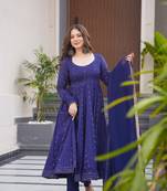 BLUE Maslin Fabric digital print ANARKALI SUIT SET