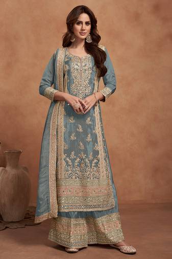 Grey embroidery & sequins work silk palazzo