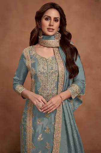 Grey embroidery & sequins work silk palazzo
