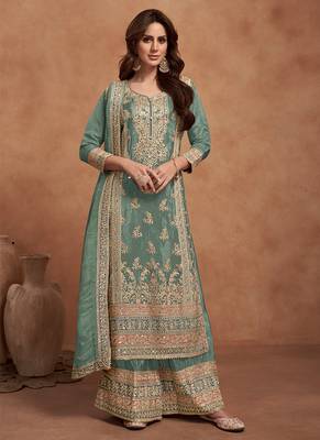Green embroidery & sequins work silk palazzo 1
