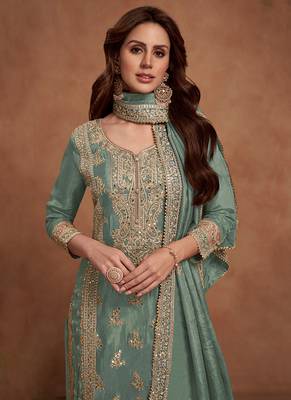 Green embroidery & sequins work silk palazzo 2