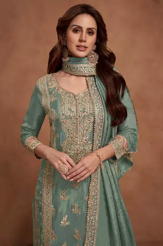 Green embroidery & sequins work silk palazzo