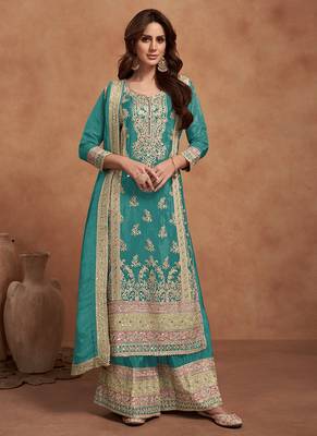 Teal blue embroidery & sequins work silk palazzo 1