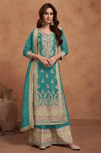 Teal blue embroidery & sequins work silk palazzo