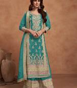 Teal blue embroidery & sequins work silk palazzo