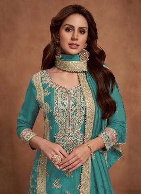Teal blue embroidery & sequins work silk palazzo 2