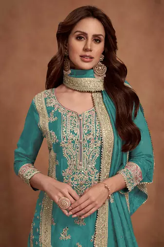 Teal blue embroidery & sequins work silk palazzo