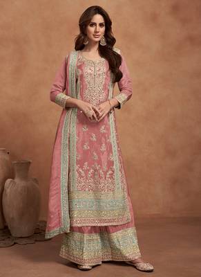 Dark peach embroidery & sequins work silk palazzo 1