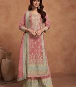 Dark peach embroidery & sequins work silk palazzo