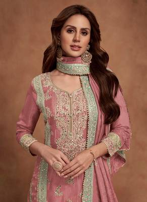 Dark peach embroidery & sequins work silk palazzo 2
