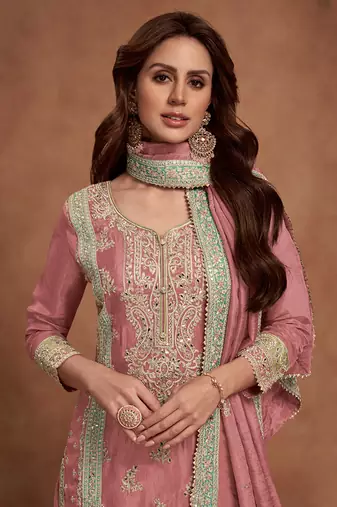 Dark peach embroidery & sequins work silk palazzo