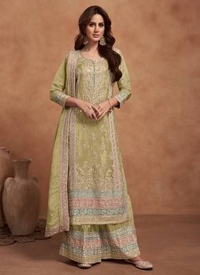 Lemon embroidery & sequins work silk palazzo 1