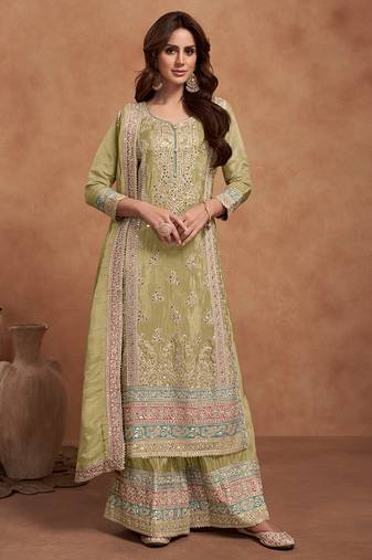 Lemon embroidery & sequins work silk palazzo