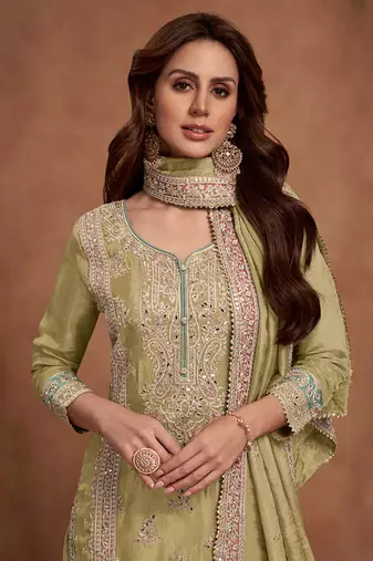 Lemon embroidery & sequins work silk palazzo
