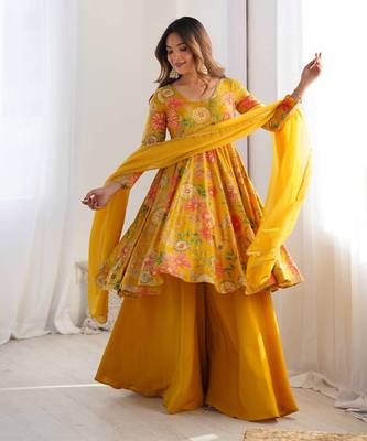Yellow Romansilk Printed Fully Flair Kurta With Dupatta & Palazzo  1