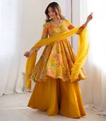 Yellow Romansilk Printed Fully Flair Kurta With Dupatta & Palazzo 