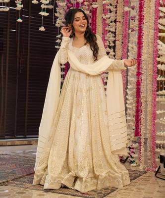 CREAM Georgette all over embroidery PARTY WEAR SUIT SET  1