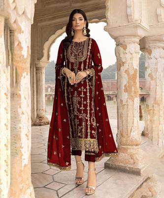Maroon floral embroidered with sequins georgette salwar suit 1