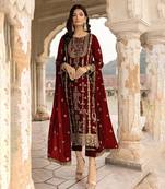 Maroon floral embroidered with sequins georgette semi pakistani salwar suit