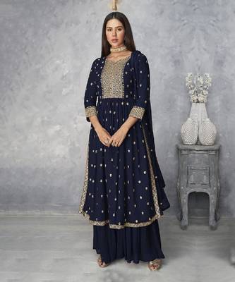 Navy Blue embroidered Nyra Cut ethnic set. 1