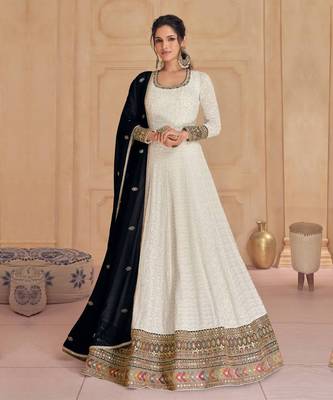 Cream embroidered georgette free size anarkali salwar suit 1