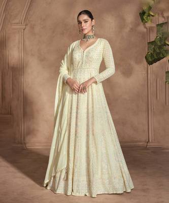 Cream georgette chikankari embroidered anarkali suit 1