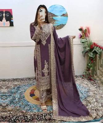 Purple silk embroidered kurta with pant & dupatta 1