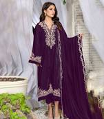 Purple thread with sequince embroidery velvet festive palazzo straight pakistani salwar suit dupatta semi stitched