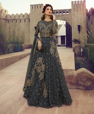 Dark Grey Embroidered Net Anarkali Suit Free size full stitched Up To 42" Size 1
