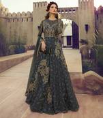 Dark Grey Embroidered Net Anarkali Suit Free size full stitched Up To 42" Size