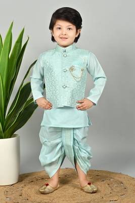 Boys scallop brocade kurta dhoti set with waistcoat for kids - sky blue 1