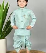 Boys scallop brocade kurta dhoti set with waistcoat for kids - sky blue
