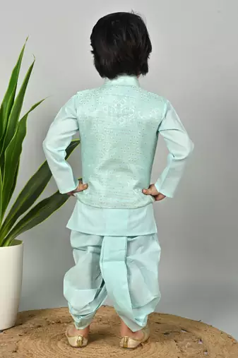 Boys scallop brocade kurta dhoti set with waistcoat for kids - sky blue