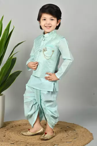 Boys scallop brocade kurta dhoti set with waistcoat for kids - sky blue