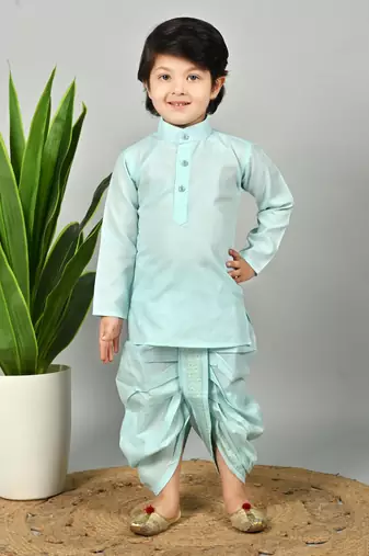 Boys scallop brocade kurta dhoti set with waistcoat for kids - sky blue