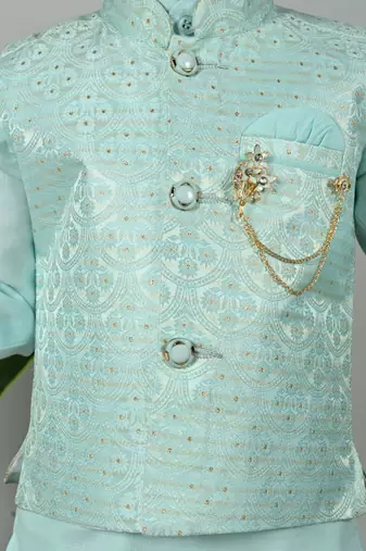 Boys scallop brocade kurta dhoti set with waistcoat for kids - sky blue