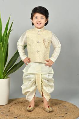 Boys scallop brocade kurta dhoti set with waistcoat for kids - cream 1