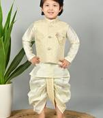 Boys scallop brocade kurta dhoti set with waistcoat for kids - cream