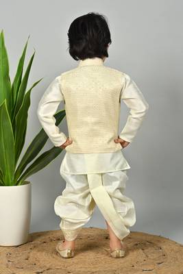 Boys scallop brocade kurta dhoti set with waistcoat for kids - cream 2