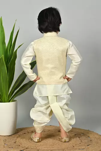 Boys scallop brocade kurta dhoti set with waistcoat for kids - cream
