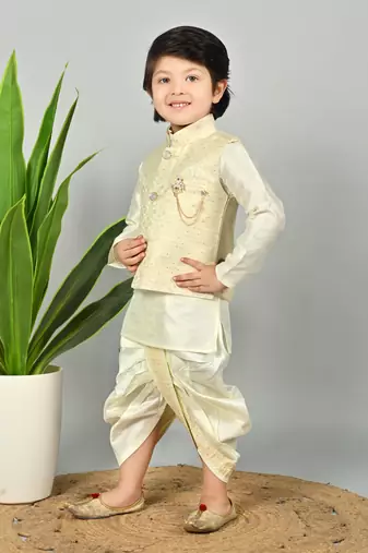 Boys scallop brocade kurta dhoti set with waistcoat for kids - cream