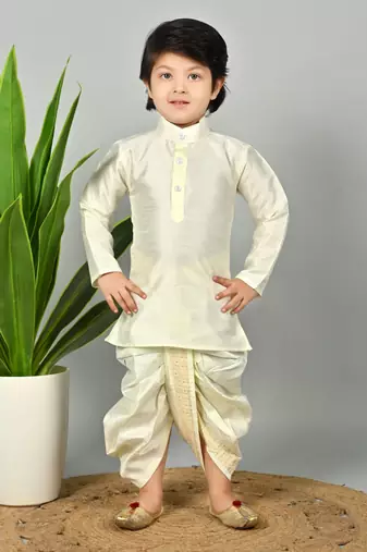 Boys scallop brocade kurta dhoti set with waistcoat for kids - cream